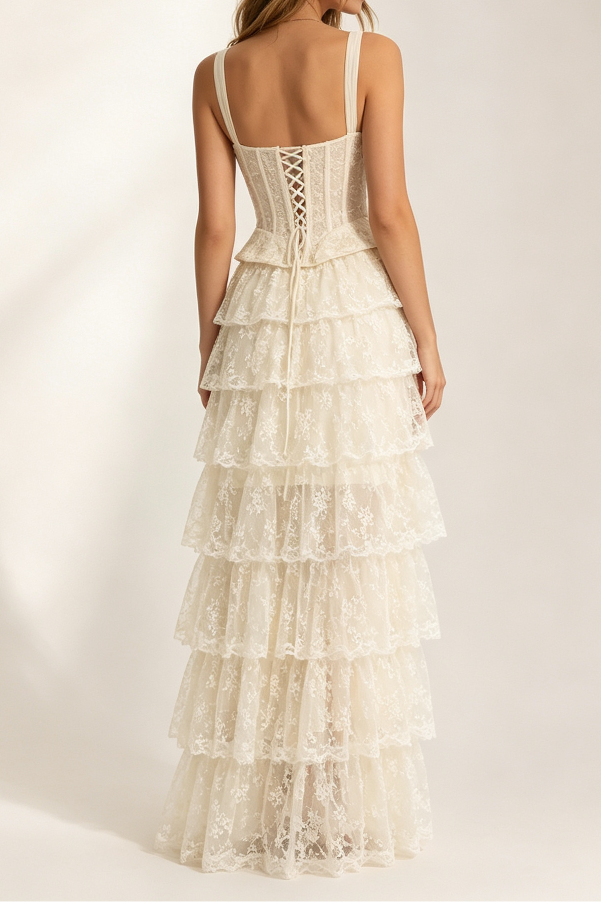 Ivory Wide Strap Lace Corset Peplum Top & Tiered High Low Lace Skirt Set Avalabel
