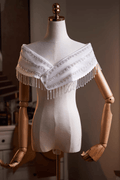 White Off‑Shoulder Beaded Fringe Tulle Shawl Avalabel