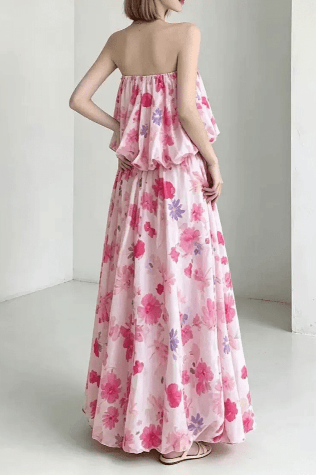 Megan Strapless Floral Print Ruffle Maxi Dress Avalabel