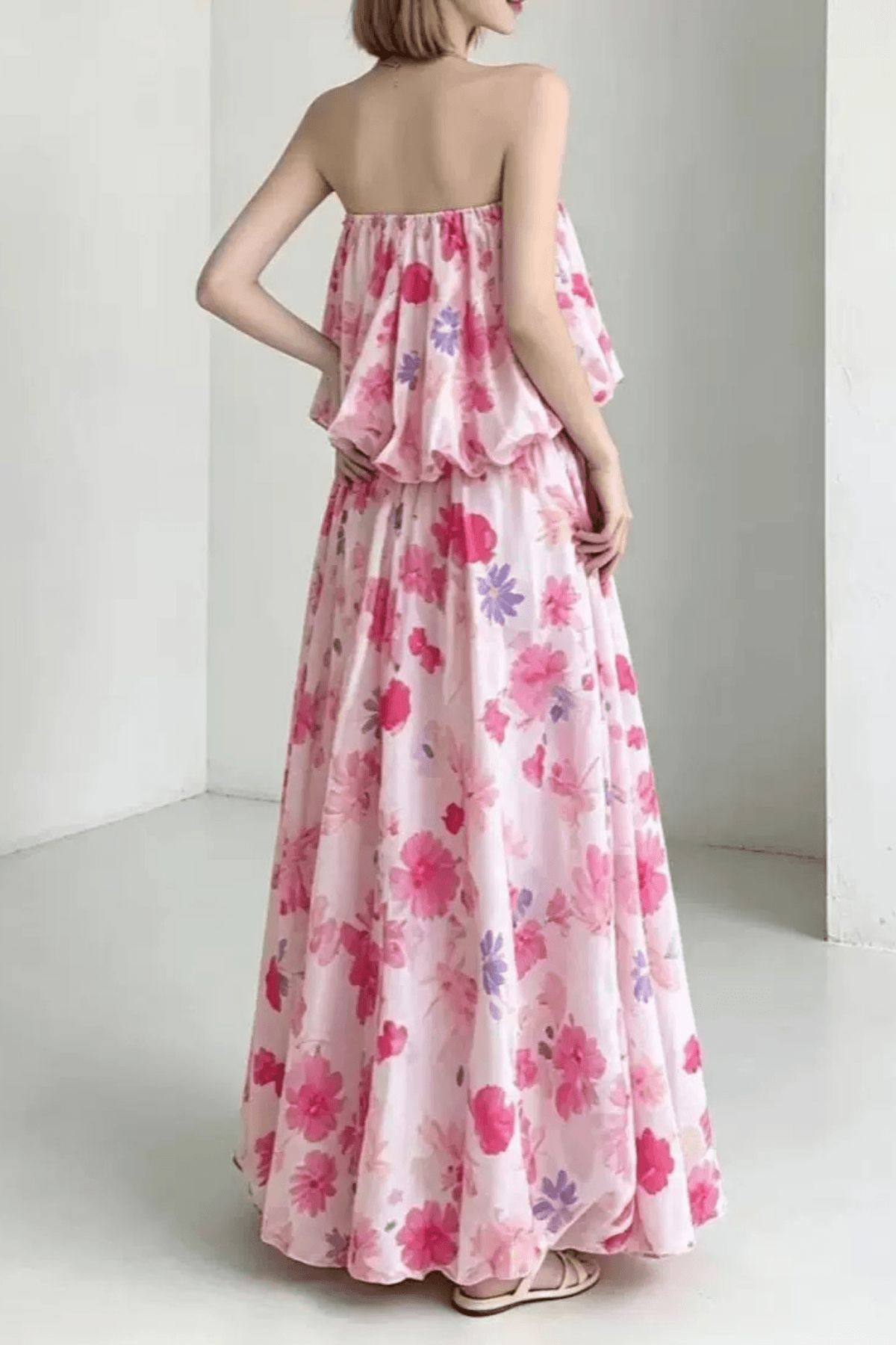 Megan Strapless Floral Print Ruffle Maxi Dress Avalabel