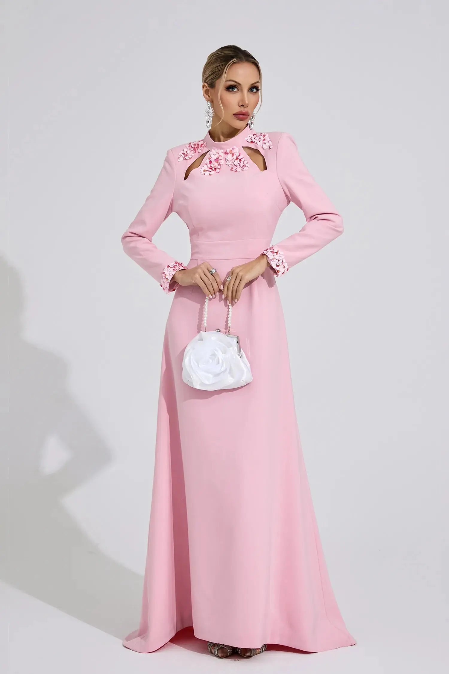 Shirley Light Pink Rhinestone Cutout Mermaid Maxi Dress Avalabel