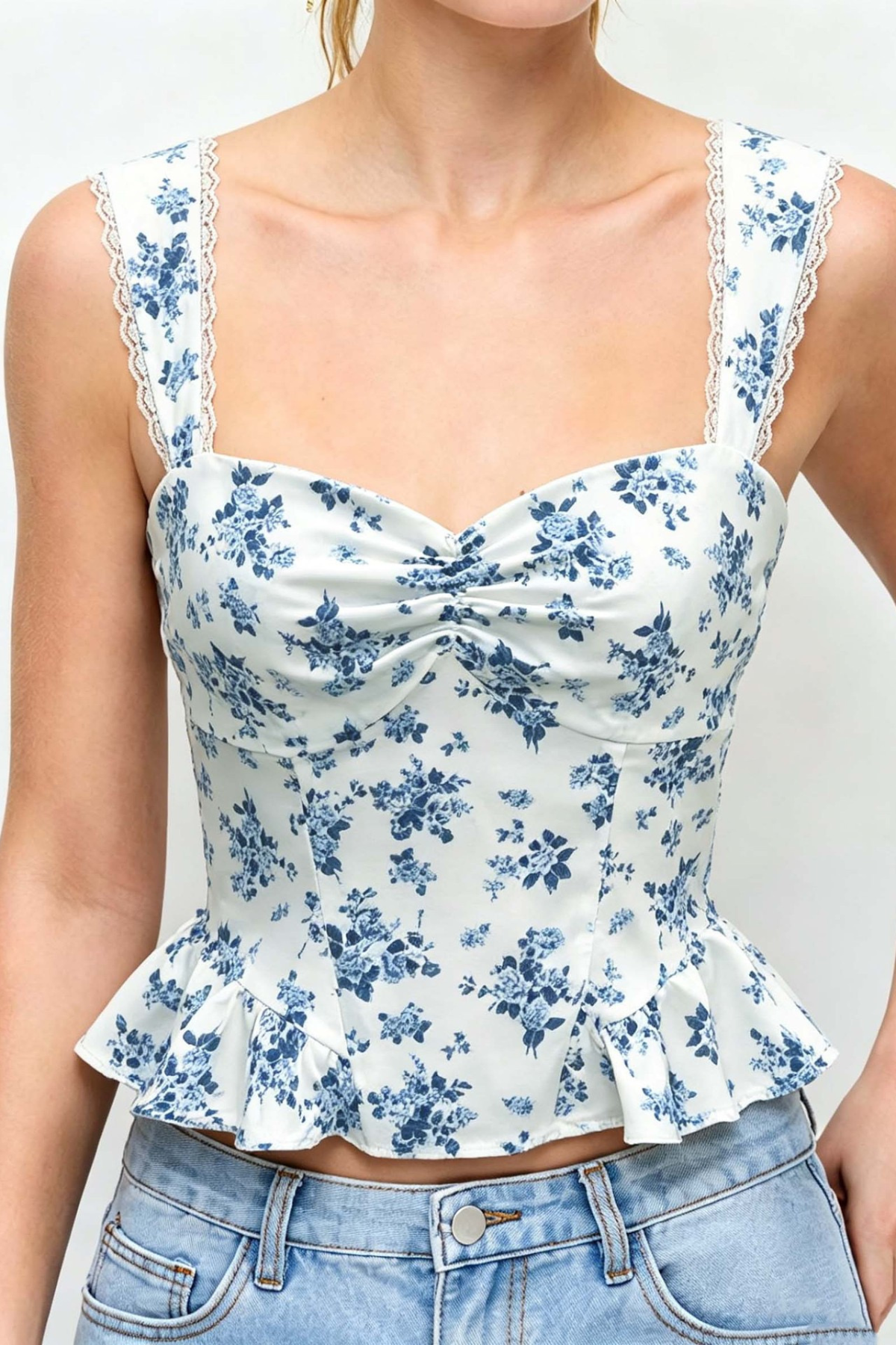 Lyla Blue Floral Lace Strap Twist Bust Peplum Corset Cami Top Avalabel