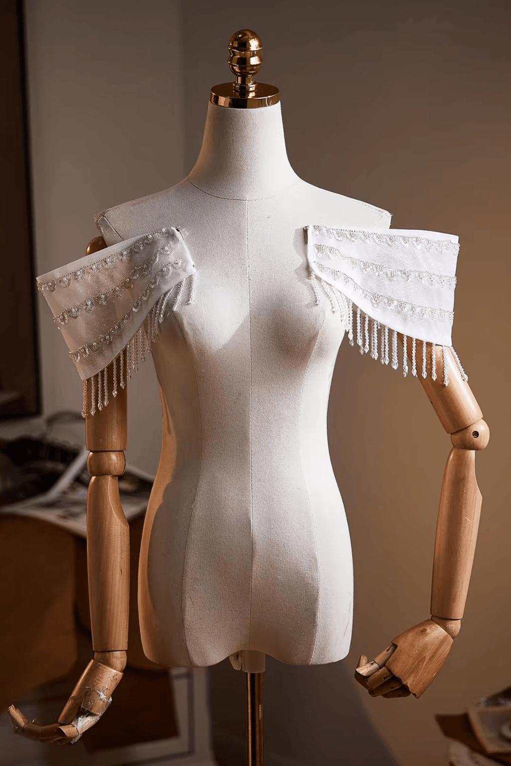 White Off‑Shoulder Beaded Fringe Tulle Shawl Avalabel