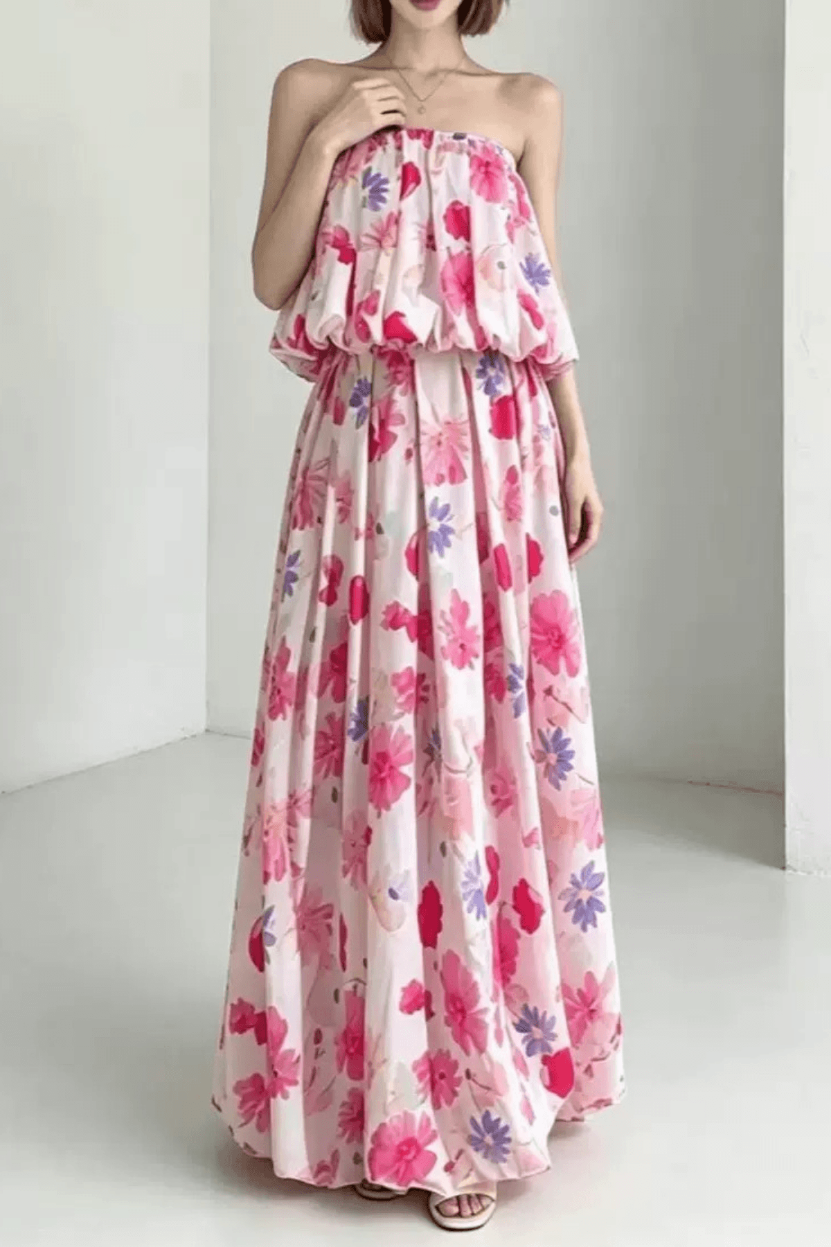 Megan Strapless Floral Print Ruffle Maxi Dress Avalabel