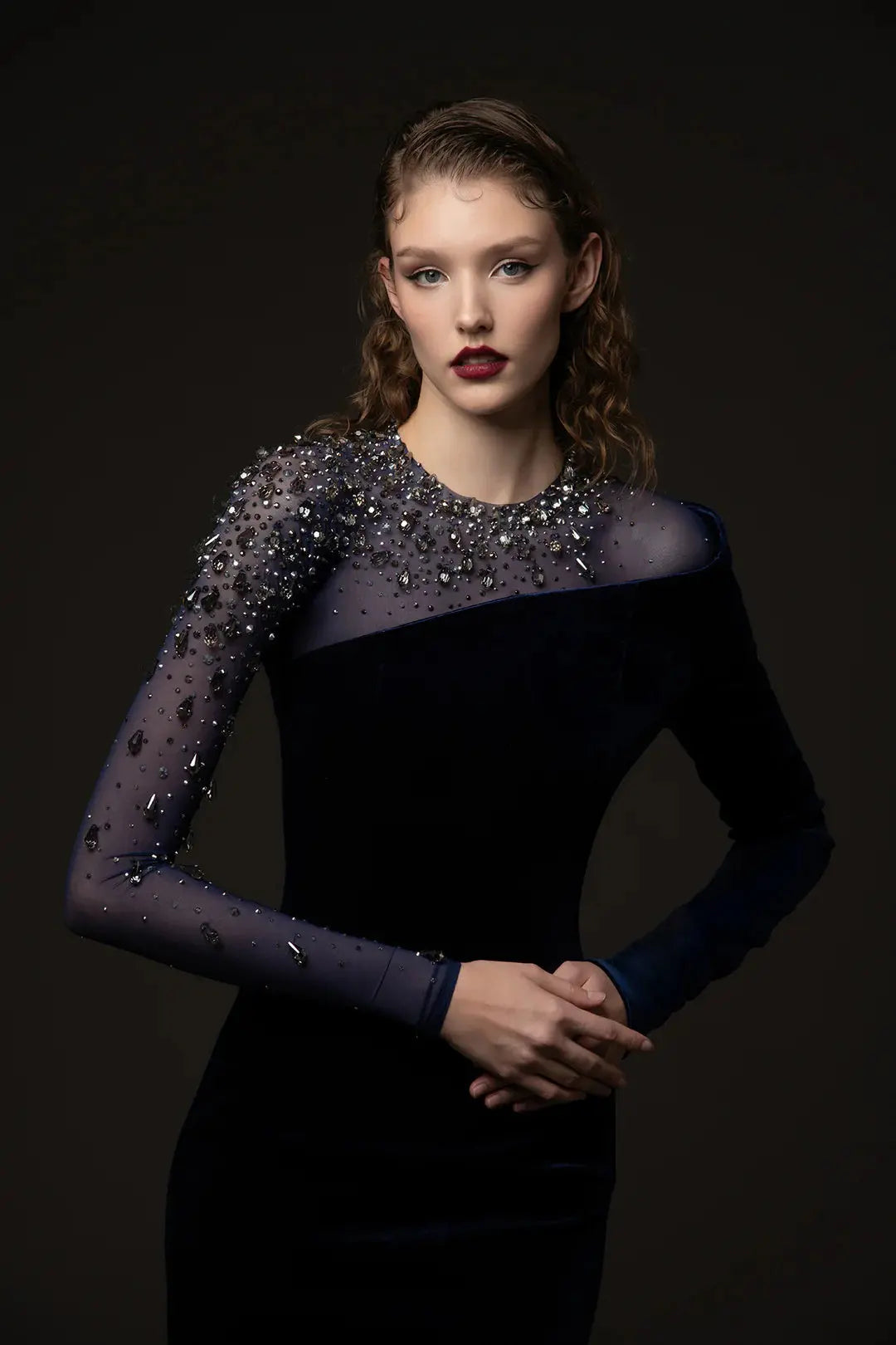riva crystal patchwork Velvet Column maxi Dress in dark blue Avalabel