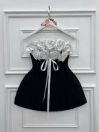 Gladys Strapless 3D Floral Corset A-Line Dress in Black Avalabel