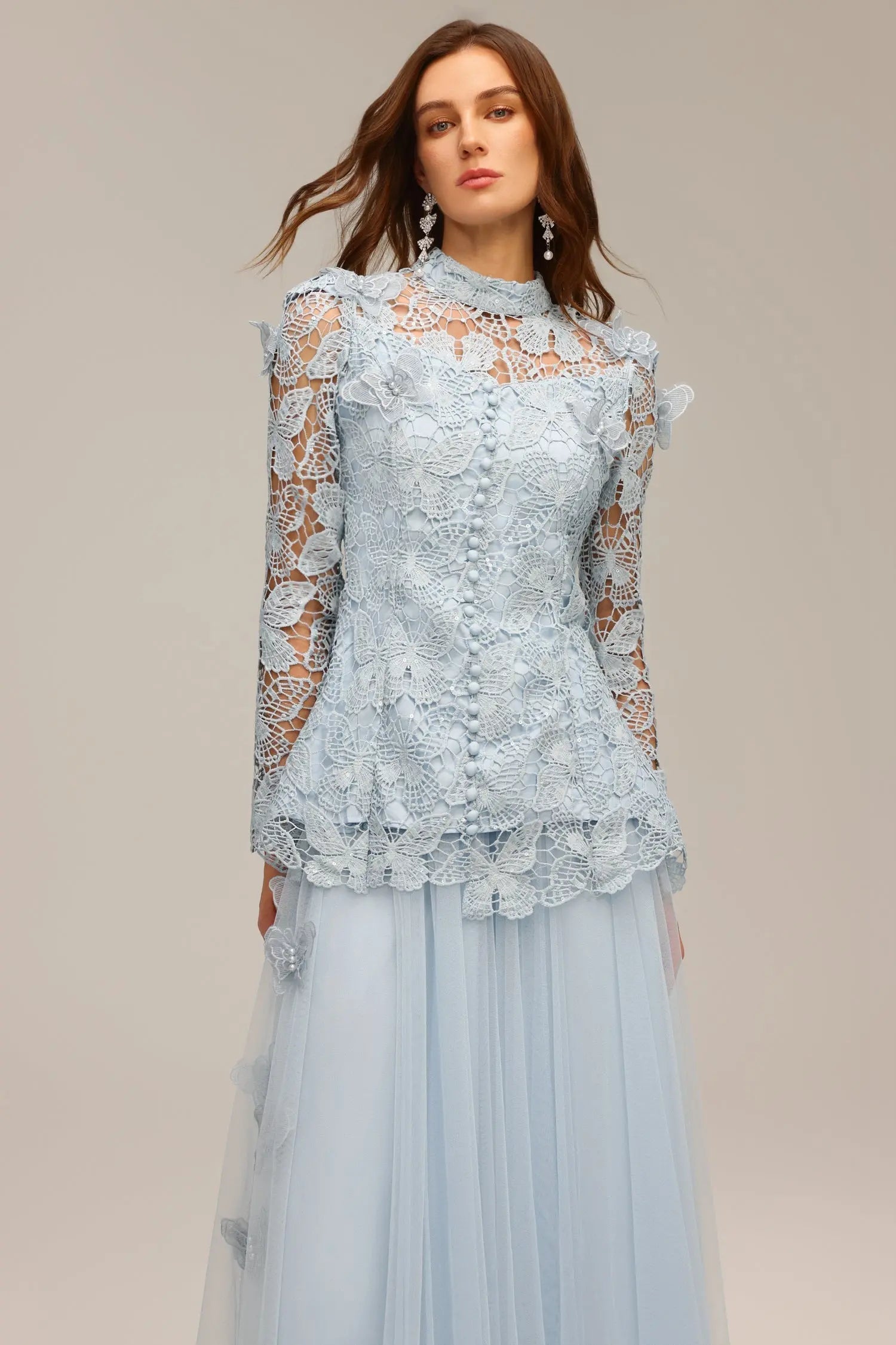 yvette blue Long Sleeve Folds Lace Butterfly Top And Skirt Two-Piece Set Avalabel