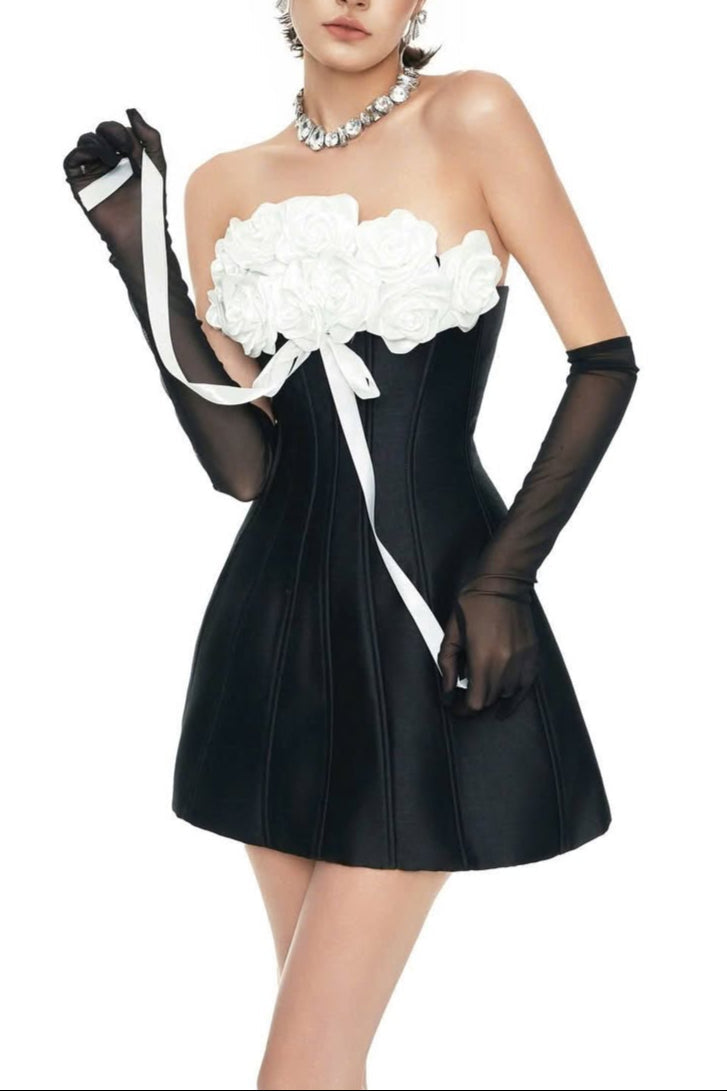 Gladys Strapless 3D Floral Corset A-Line Dress in Black Avalabel