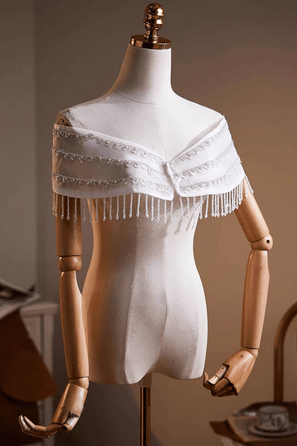 White Off‑Shoulder Beaded Fringe Tulle Shawl Avalabel