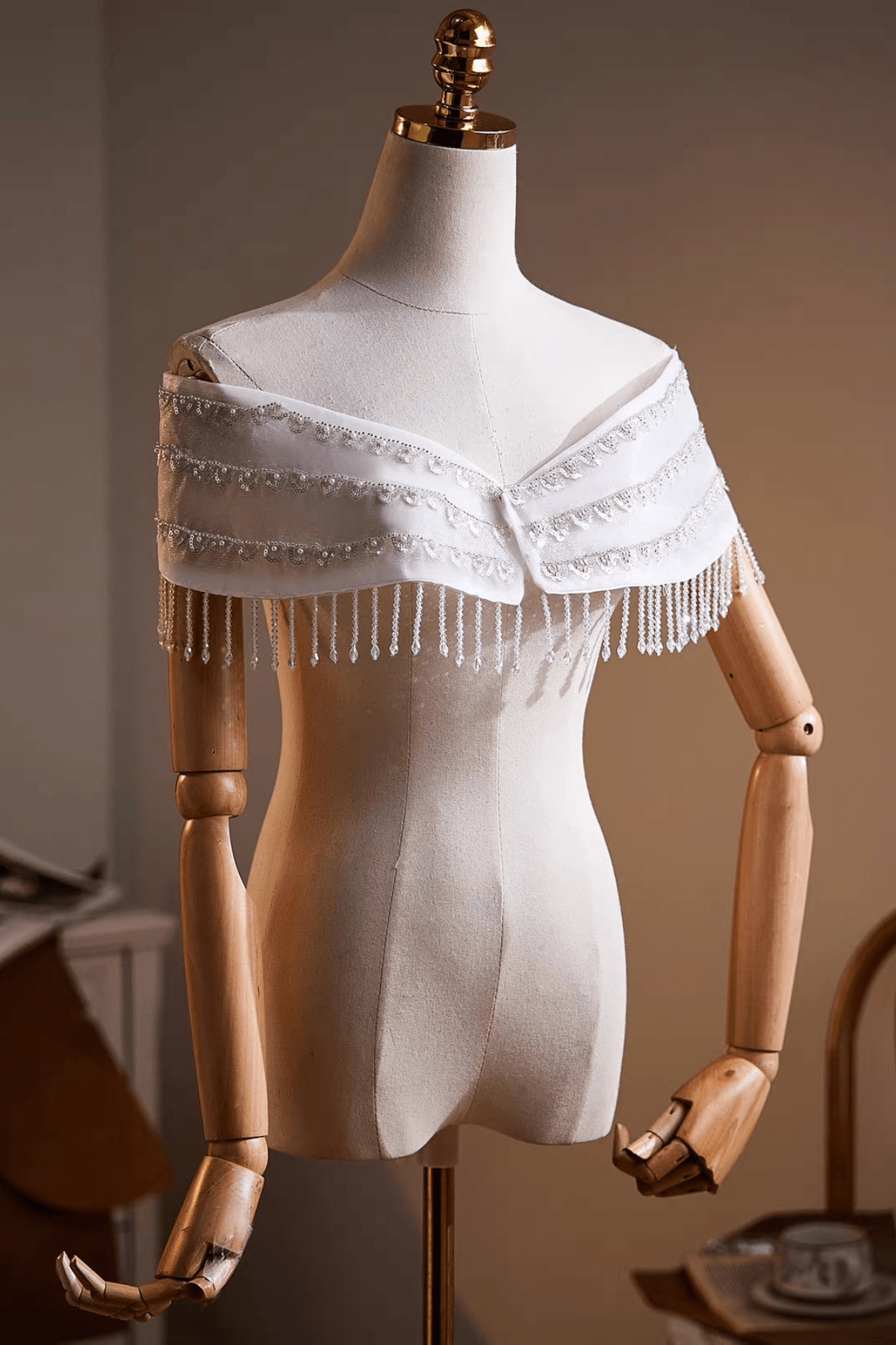 White Off‑Shoulder Beaded Fringe Tulle Shawl Avalabel