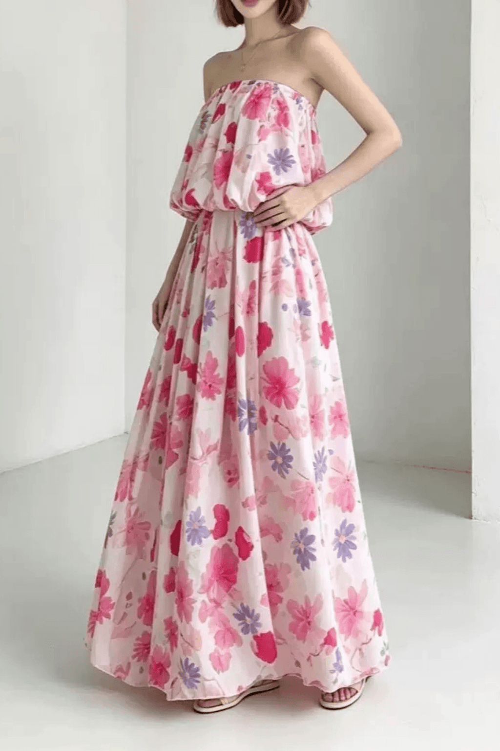 Megan Strapless Floral Print Ruffle Maxi Dress Avalabel