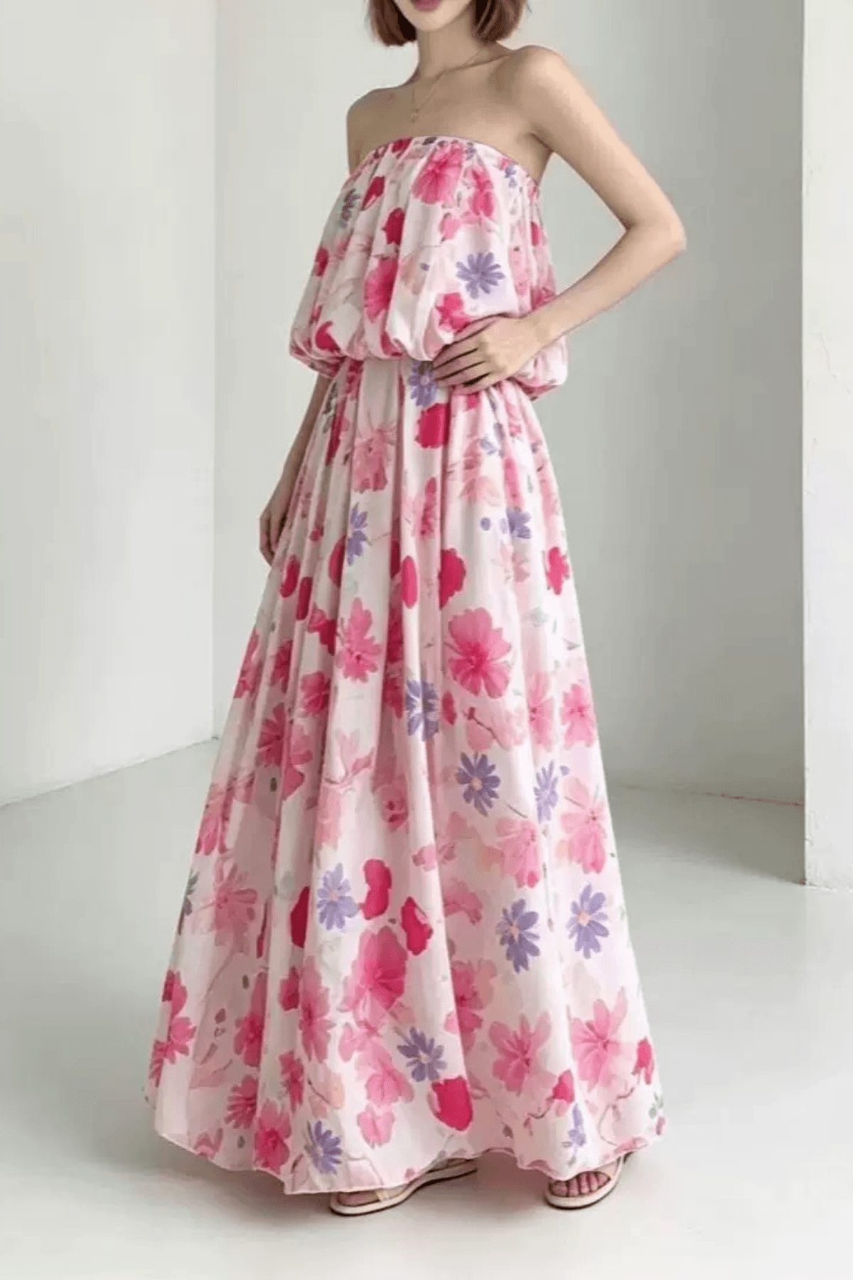 Megan Strapless Floral Print Ruffle Maxi Dress Avalabel