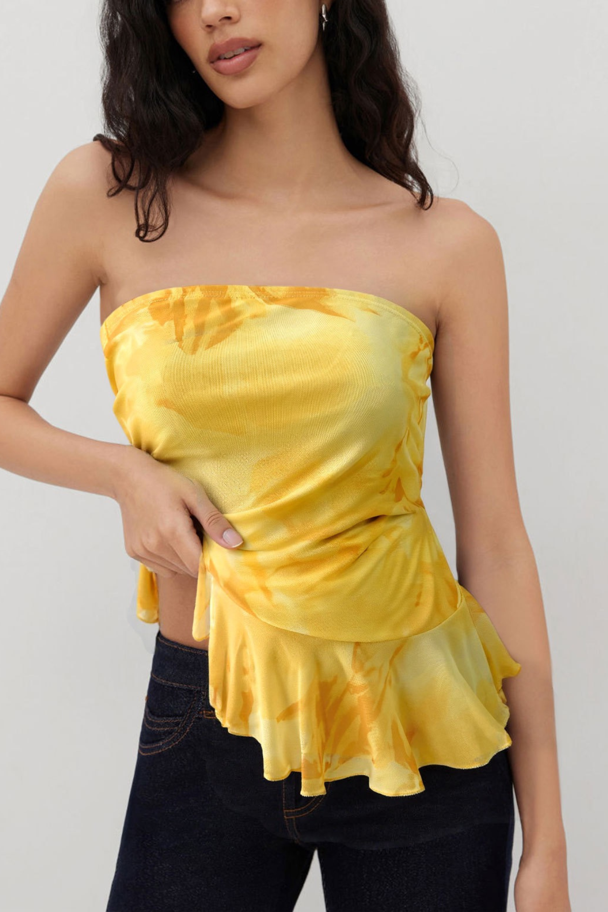 Elara Yellow Watercolor Floral Ruched Side Ruffle Hem Strapless Tube Top Avalabel