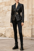 Adela Black Peplum Belted Jacket Avalabel