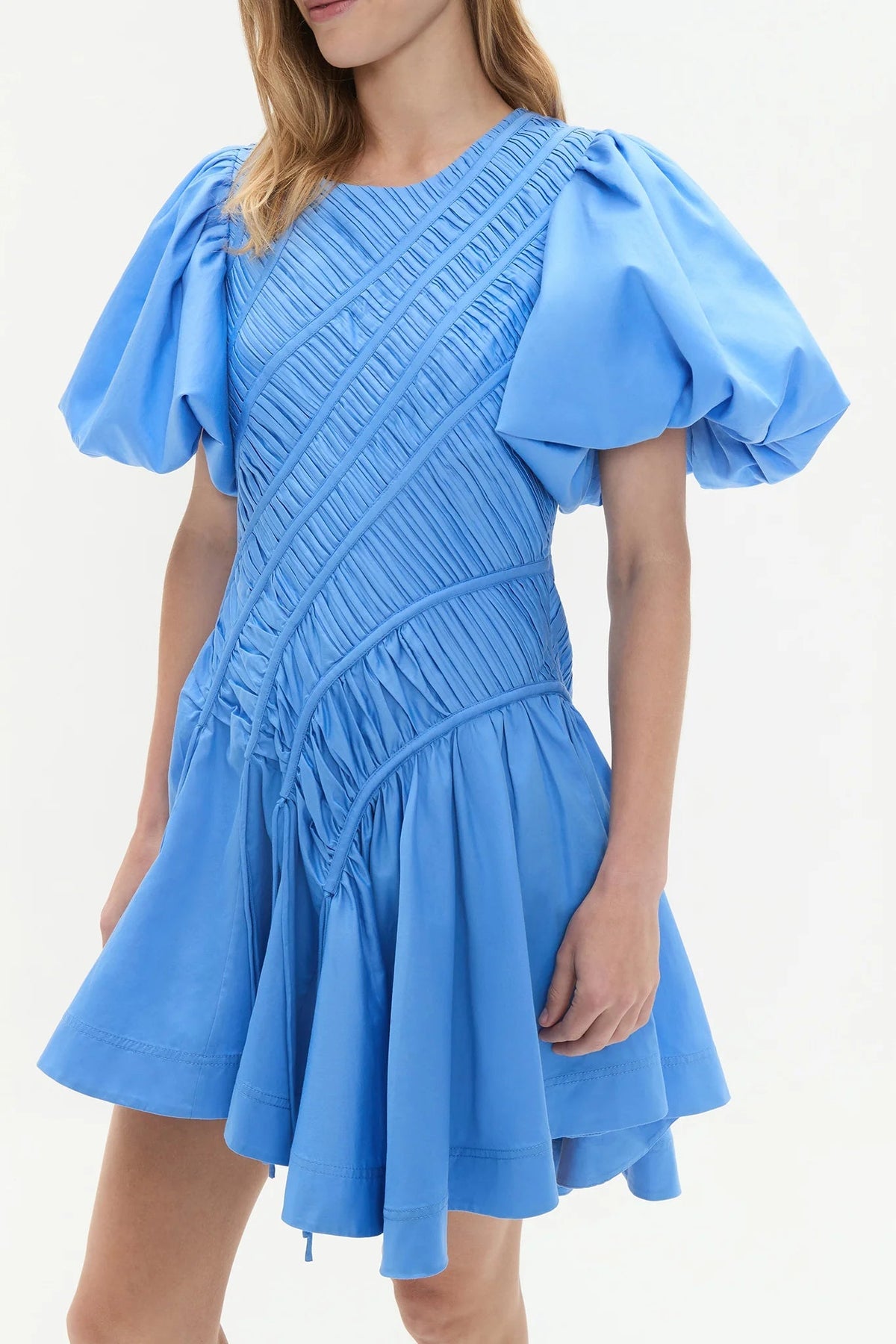Eudora Asymmetric Pleated Puff Sleeve Mini Dress in Mist Blue Avalabel