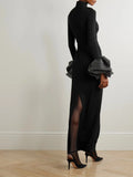 rachel black ruffled crystal-embellished crepe mock-neck gown Avalabel