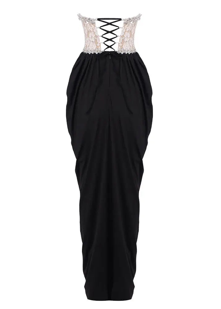 sharon Lace Beaded embellished Strapless Maxi Dress in black Avalabel