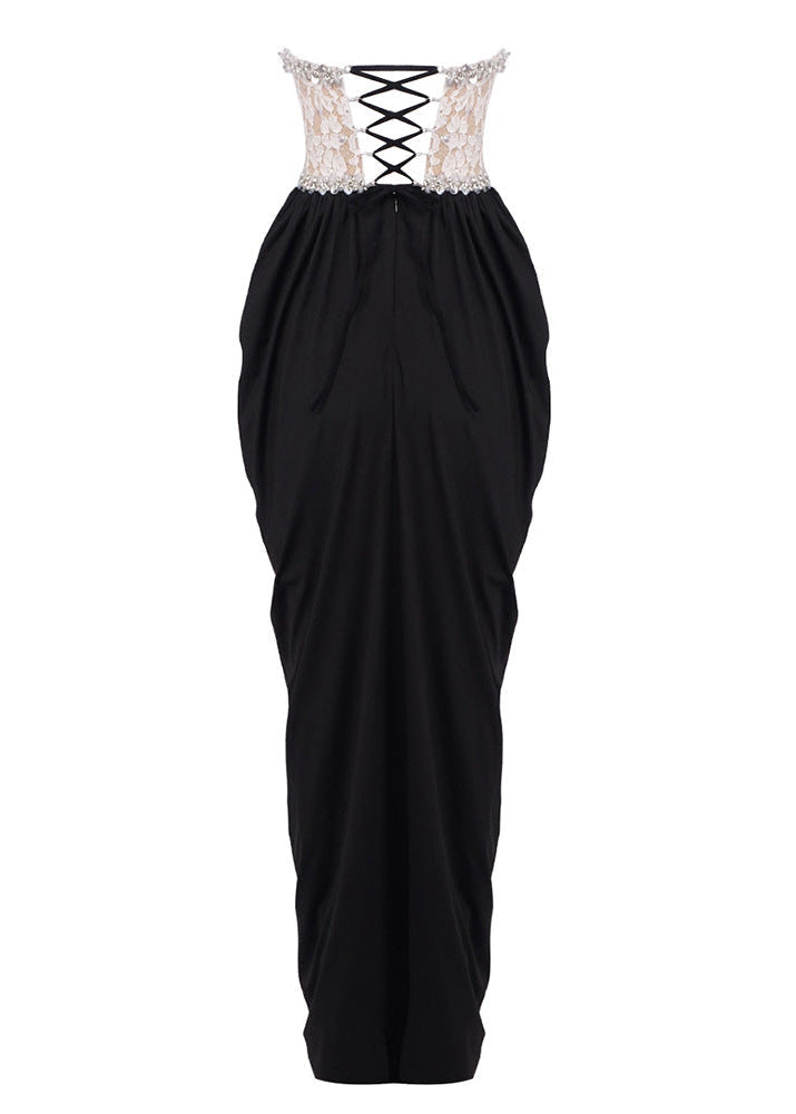 sharon Lace Beaded embellished Strapless Maxi Dress in black