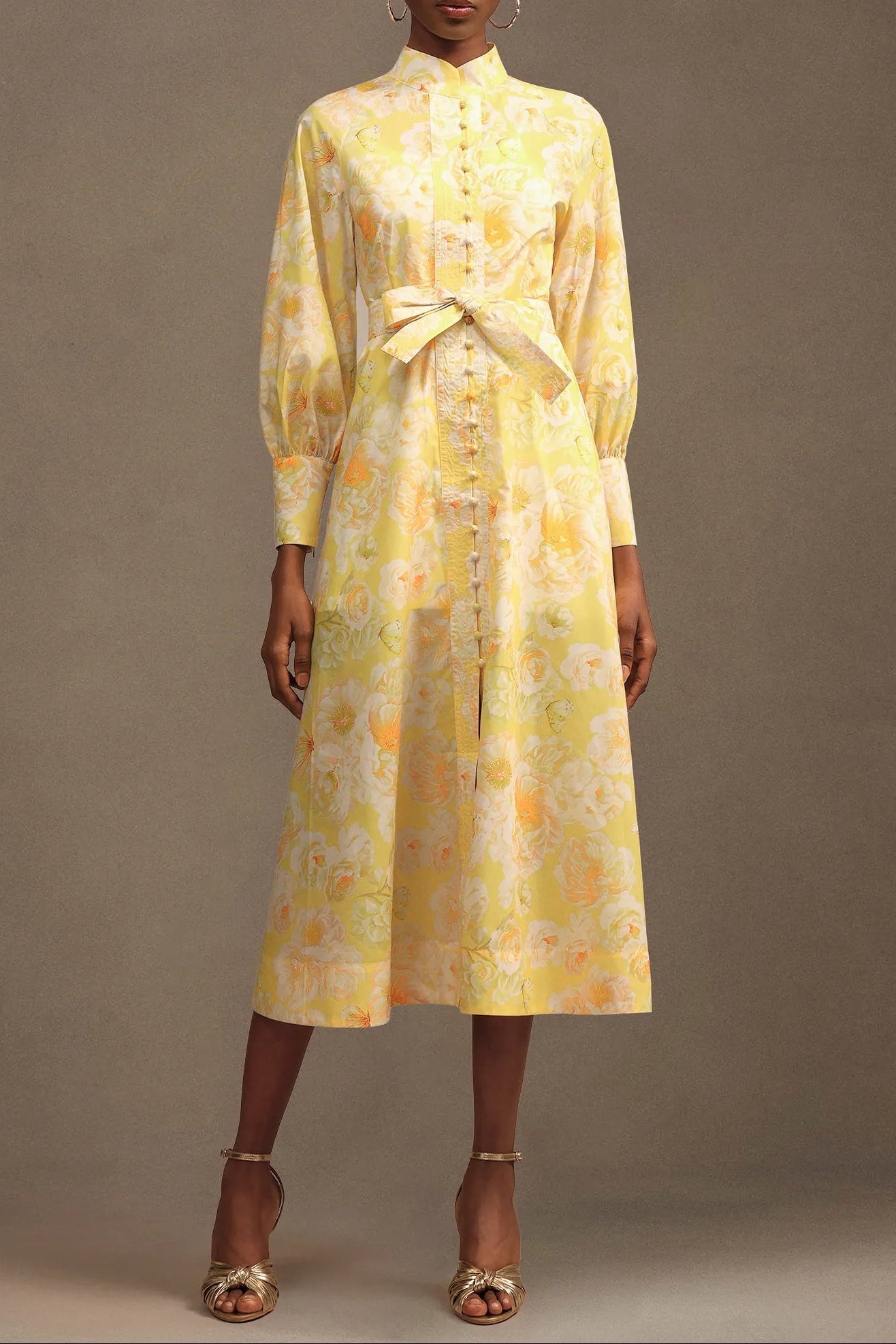 xaviera Long Sleeve Floral Printed Chiffon Maxi Dress in yellow Avalabel