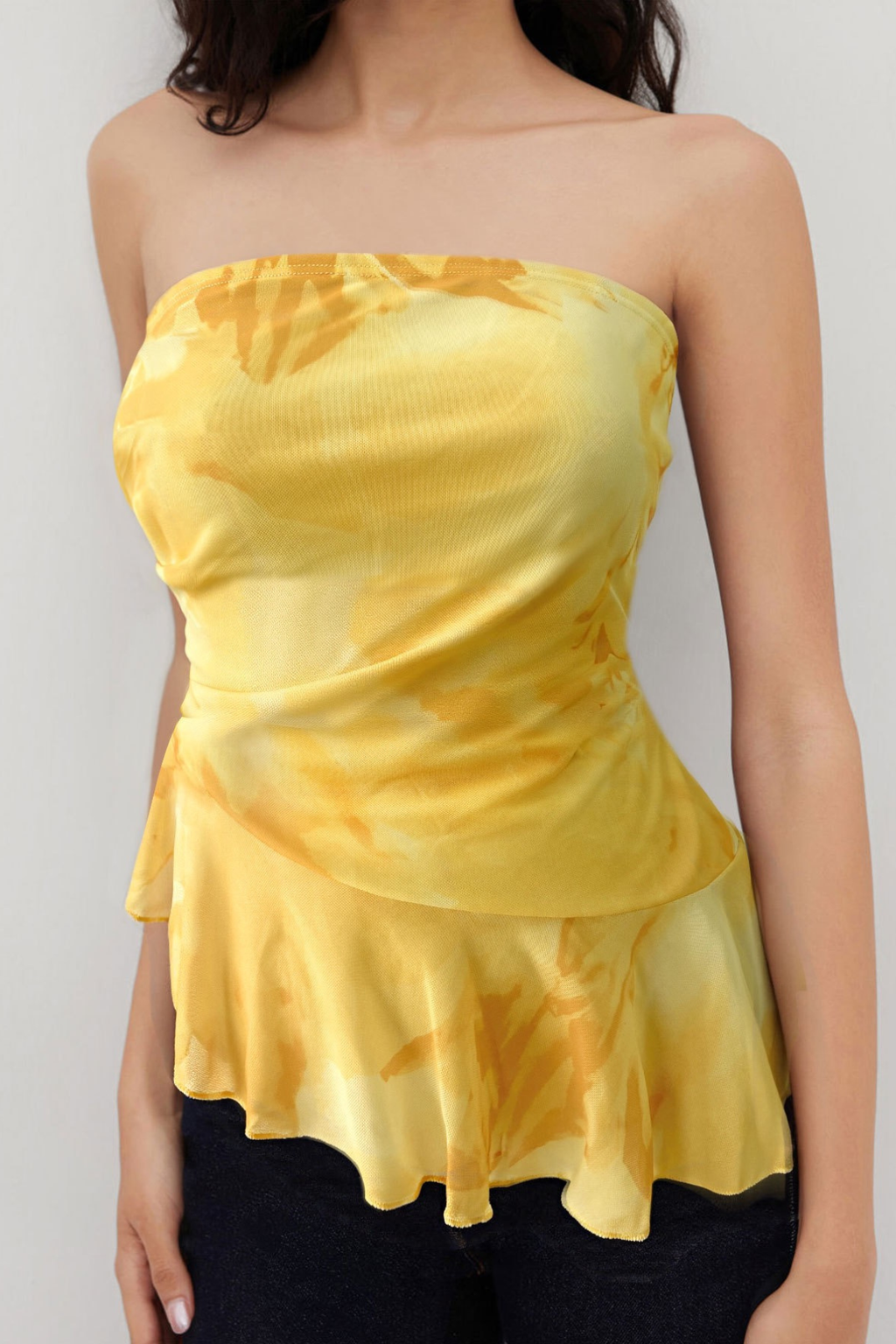 Elara Yellow Watercolor Floral Ruched Side Ruffle Hem Strapless Tube Top Avalabel