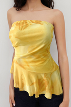 Elara Yellow Watercolor Floral Ruched Side Ruffle Hem Strapless Tube Top Avalabel