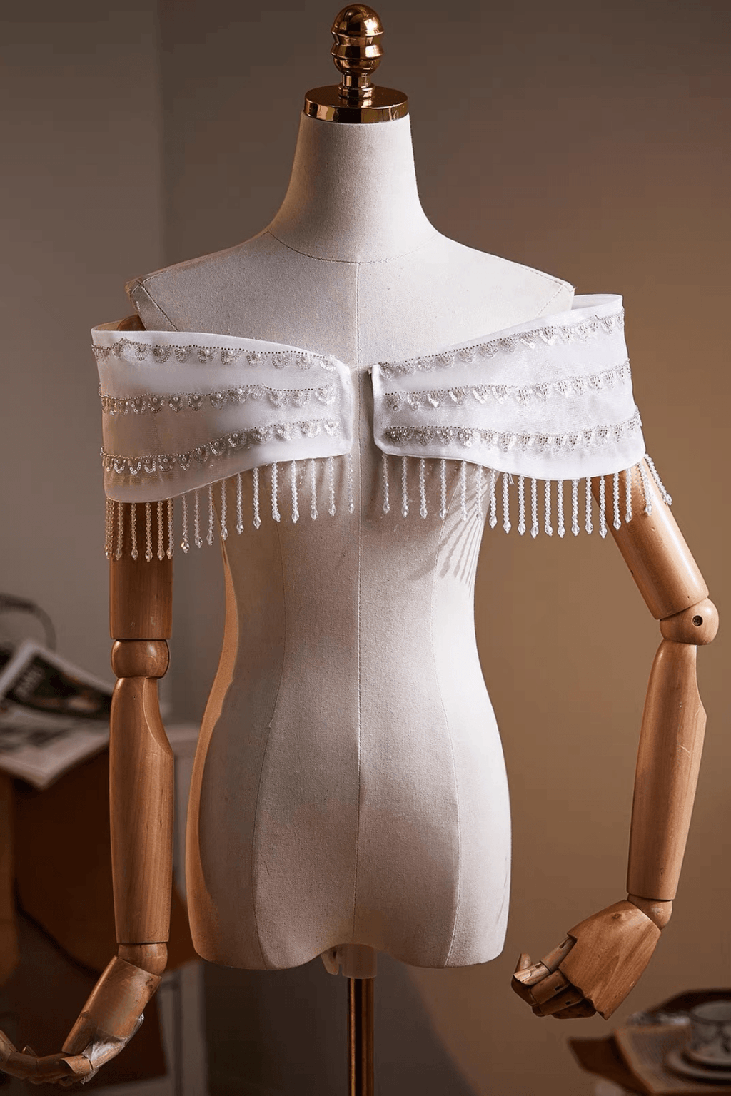 White Off‑Shoulder Beaded Fringe Tulle Shawl Avalabel