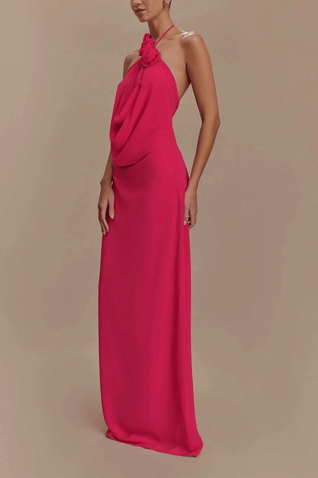 Sophia Floral Appliqué Halter Neck Draped Maxi Dress Avalabel
