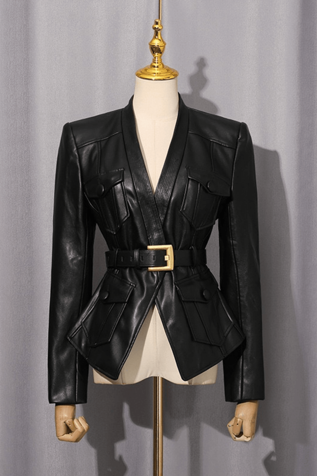 Adela Black Peplum Belted Jacket Avalabel