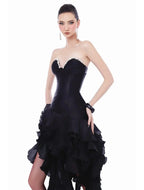 sabrina Ruffle Crystal strapless midi dress in black Avalabel