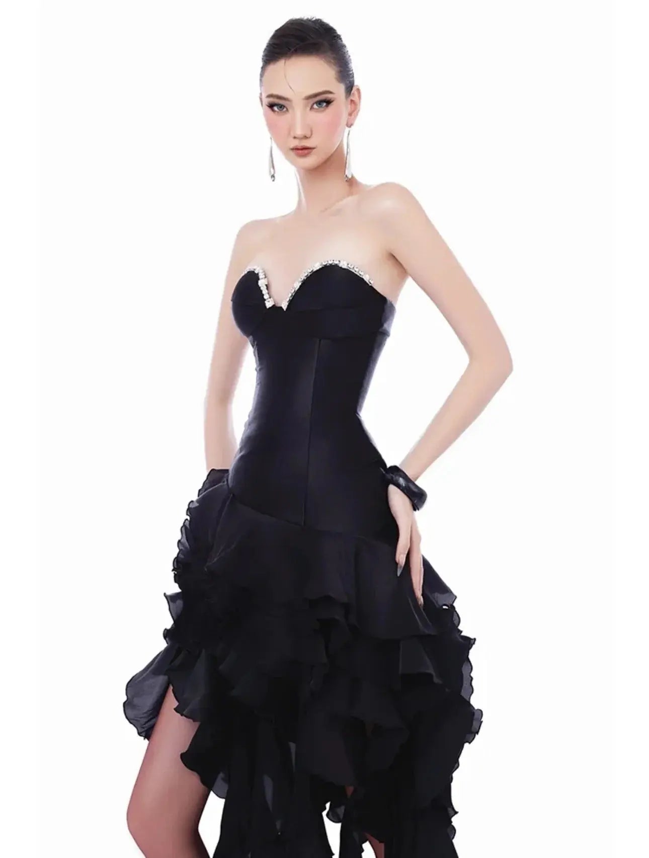 sabrina Ruffle Crystal strapless midi dress in black Avalabel