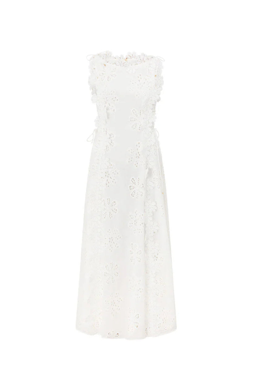 Lace Trim Embroidery Hollow Midi Dress in White Avalabel