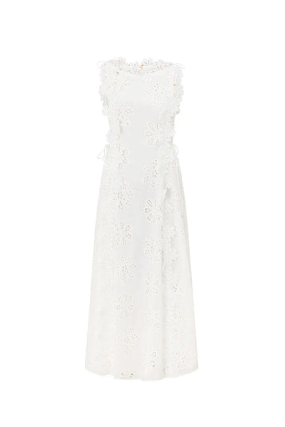 Lace Trim Embroidery Hollow Midi Dress in White