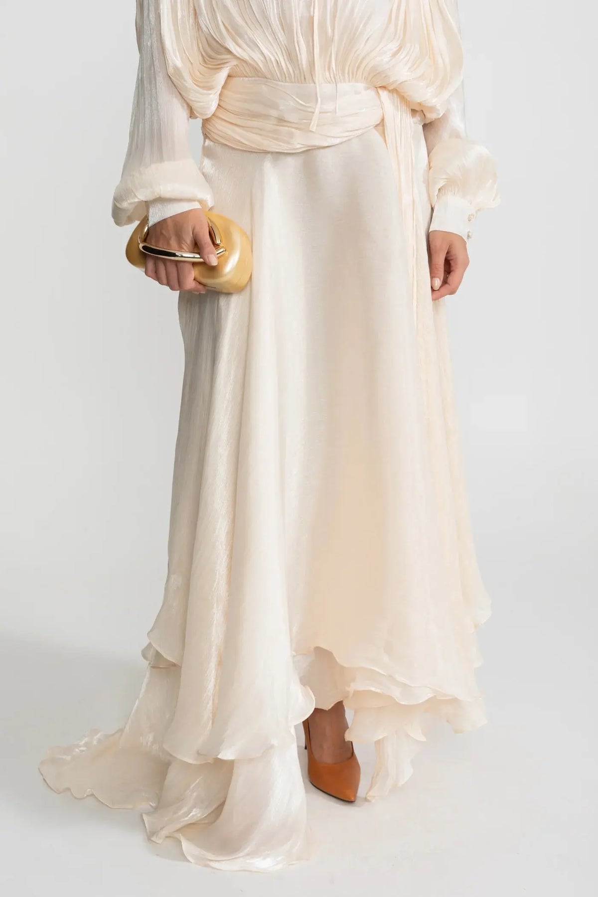 ivory Pleated Bodice Draped puff sleeve Maxi Dress Avalabel