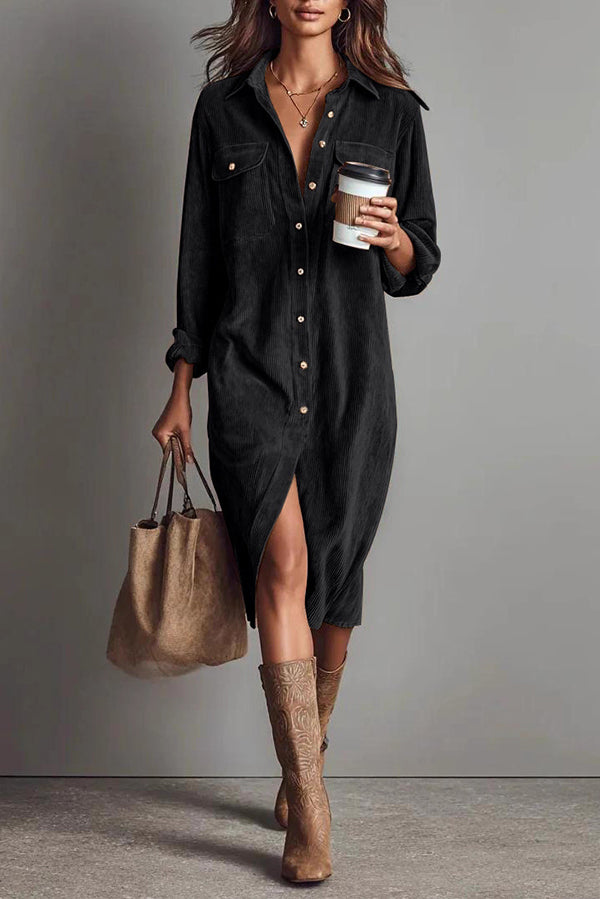 Solid Color Single-Breasted Pocket Casual Shirt-Style Midi Dress Avalabel