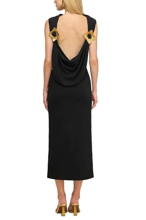 black sleeveless backless knit midi dress with two pleated golden embellishments Avalabel