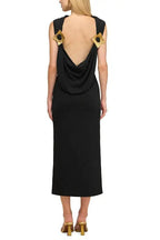 black sleeveless backless knit midi dress with two pleated golden embellishments Avalabel