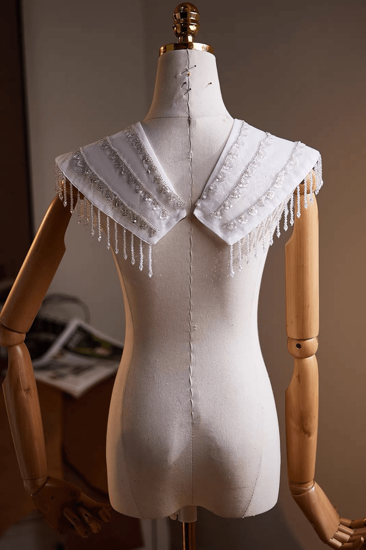 White Off‑Shoulder Beaded Fringe Tulle Shawl Avalabel