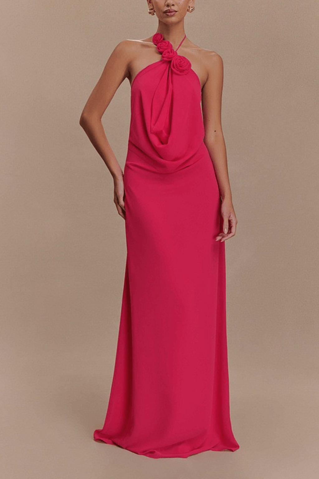 Sophia Floral Appliqué Halter Neck Draped Maxi Dress Avalabel