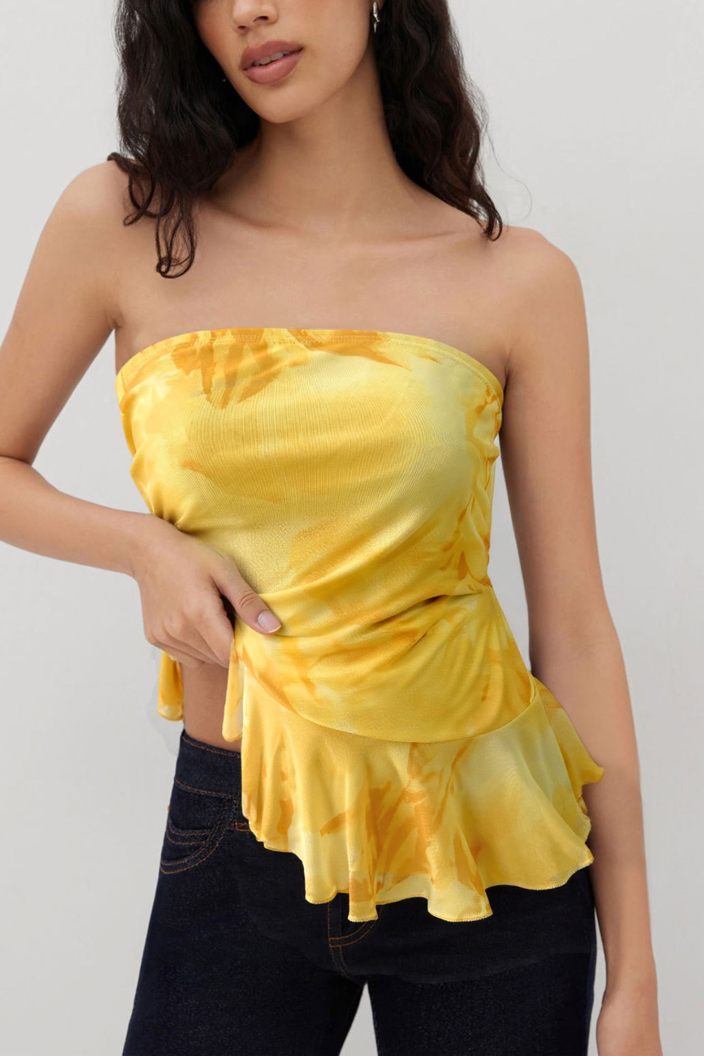 Elara Yellow Watercolor Floral Ruched Side Ruffle Hem Strapless Tube Top Avalabel