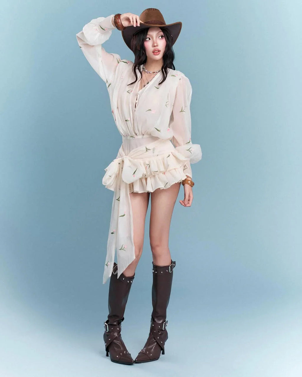 Amelia Embroidered Floral V-neck Ruffle Mini Dress in Apricot Avalabel