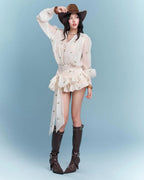 Amelia Embroidered Floral V-neck Ruffle Mini Dress in Apricot Avalabel