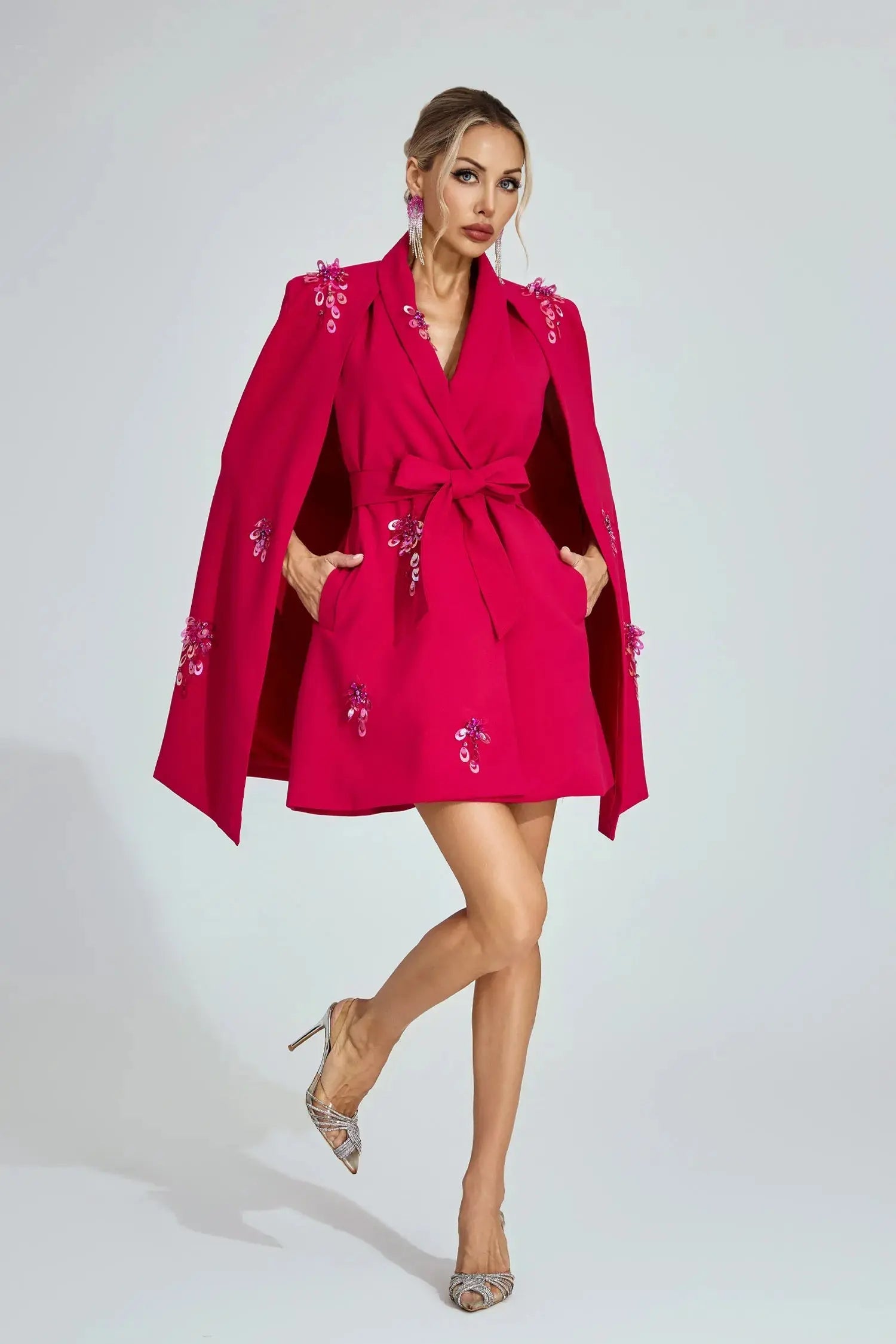 katherine Rose Red Cape-Sleeve Blazer mini Dress Avalabel