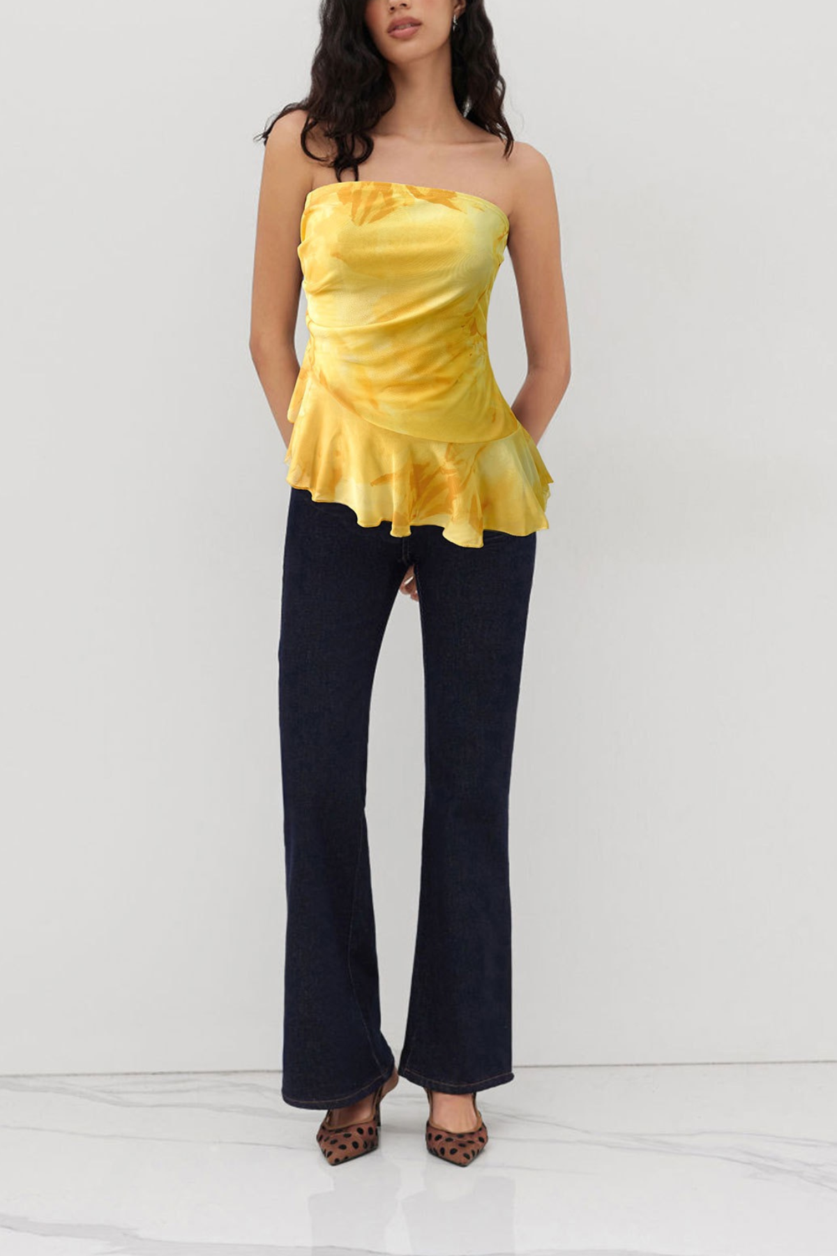 Elara Yellow Watercolor Floral Ruched Side Ruffle Hem Strapless Tube Top Avalabel