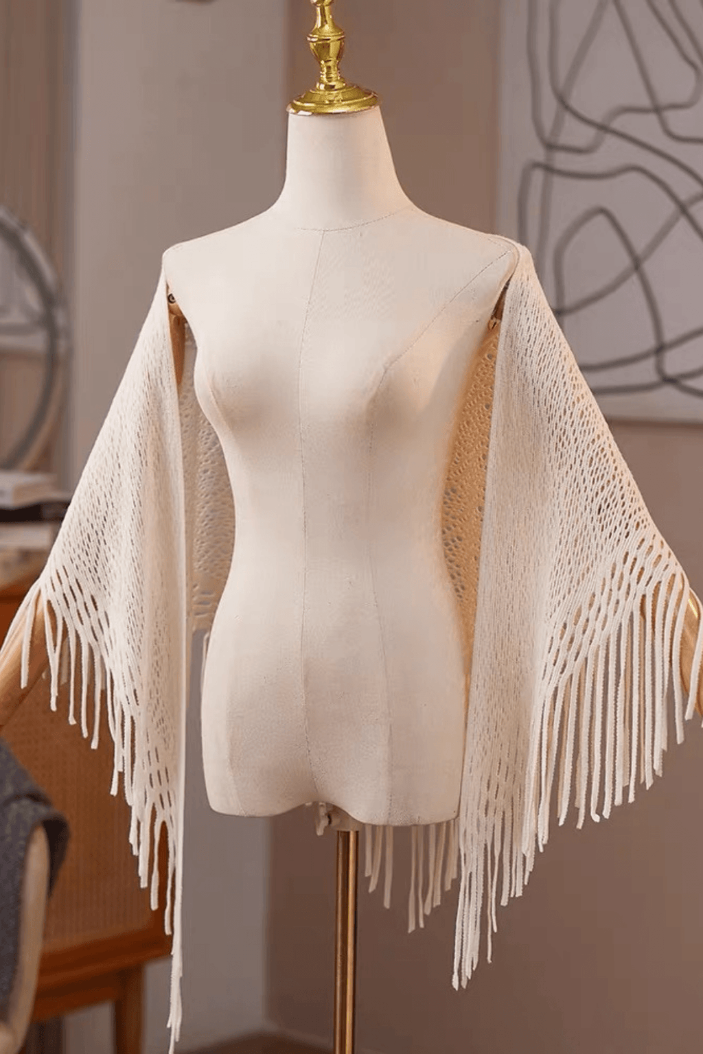 Cream Hollow Knitted Long Tassel Shawl Avalabel
