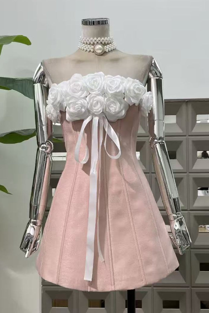 Gladys Strapless 3D Floral Corset A-Line Dress in Pink
