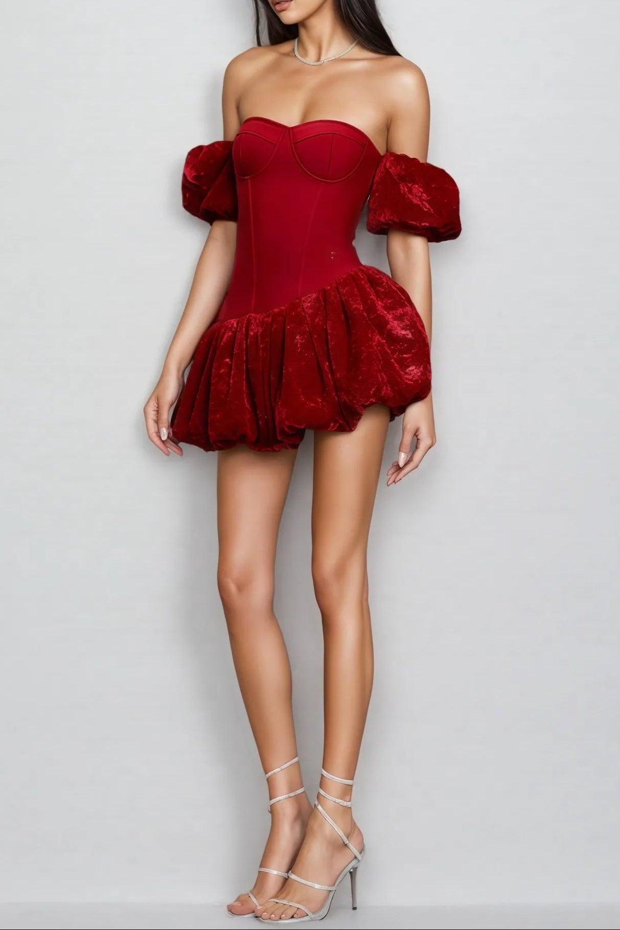 eunice Red Sheath Bubble Sleeve strapless Mini Dress Avalabel