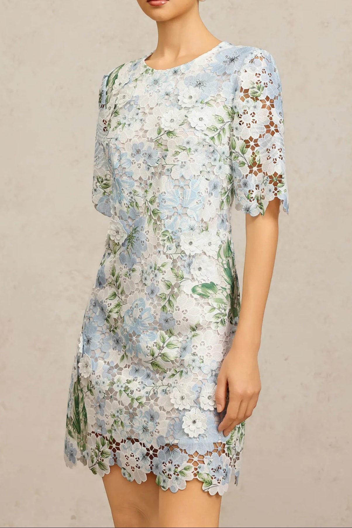 Hazel Floral Printed Lace Mini Dress in Sky Blue Avalabel