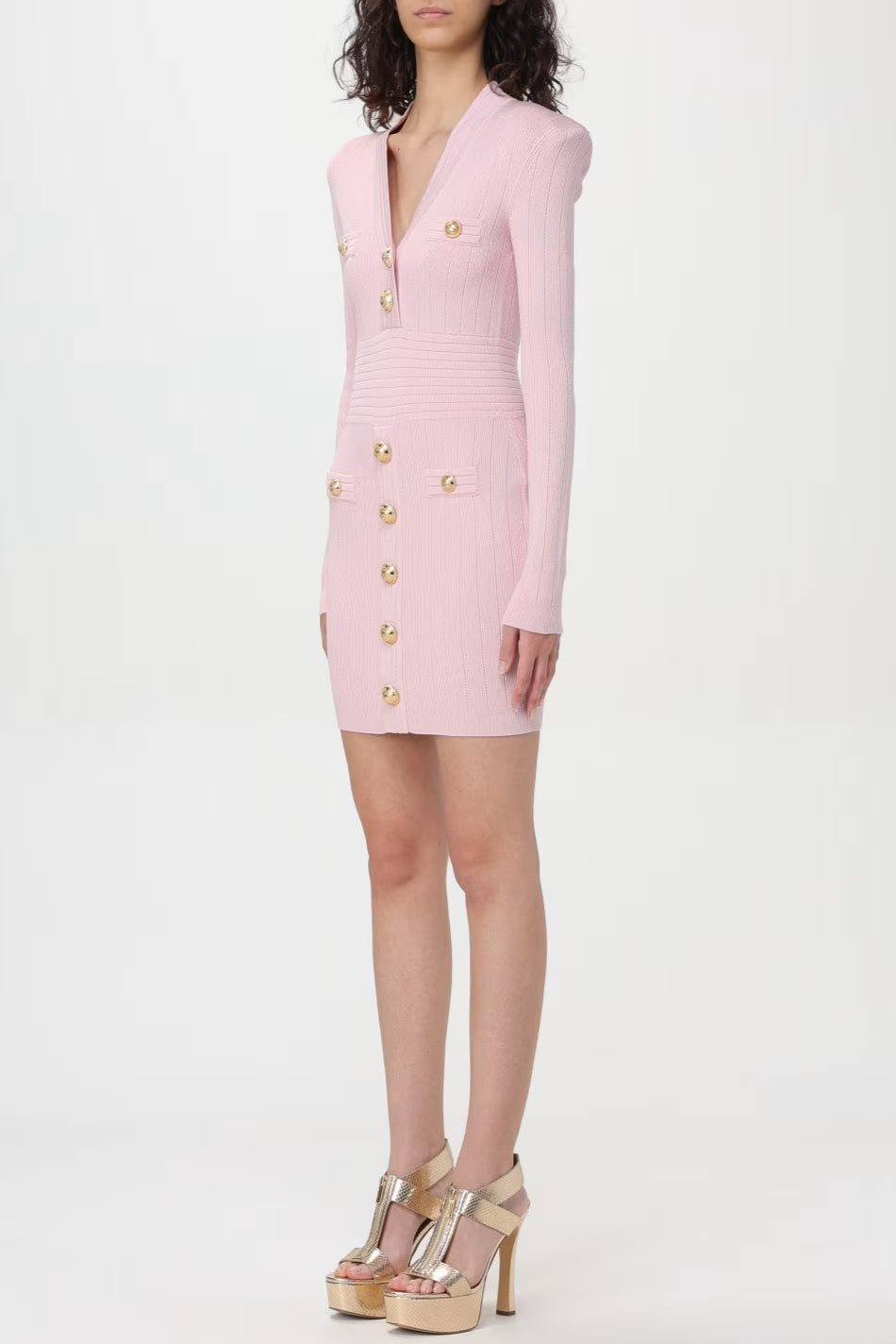 V-Neck Metal Button Knitted Mini Dress in Pink Avalabel