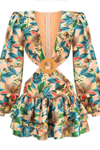 Hedda Tropical Print Cutout Waist Ruffle Mini Dress Avalabel