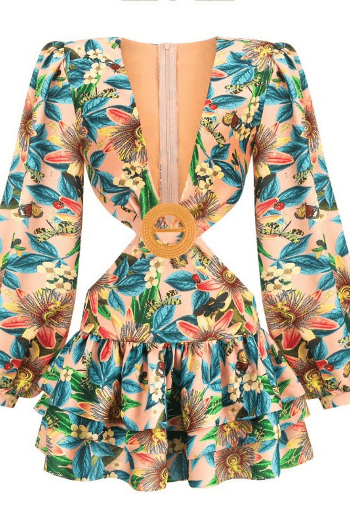 Hedda Tropical Print Cutout Waist Ruffle Mini Dress Avalabel
